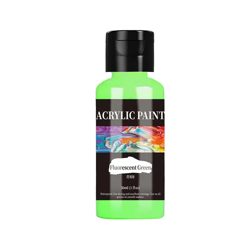 A green bottle of fluorescent acrylic paint with a black cap and label.