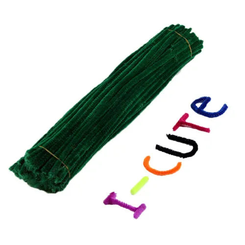 A bundle of green chenille stems or pipe cleaners used for DIY crafts.
