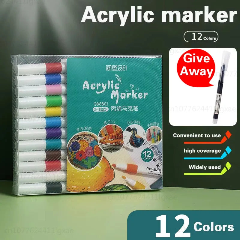 A box of 12 colored acrylic markers for painting on various surfaces