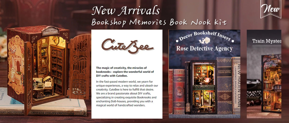 A kit for creating a bookshop memories DIY miniature book nook featuring decorative inserts and a train mystery scene.