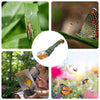 A handheld insect catcher with a magnifying lens is shown next to a butterfly in a garden setting.