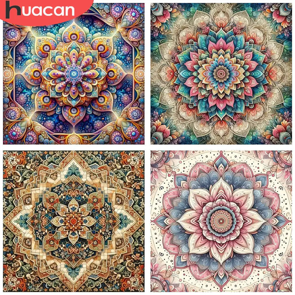 A collection of intricate, colorful mandala abstract canvas art designs for a 5D diamond painting kit.