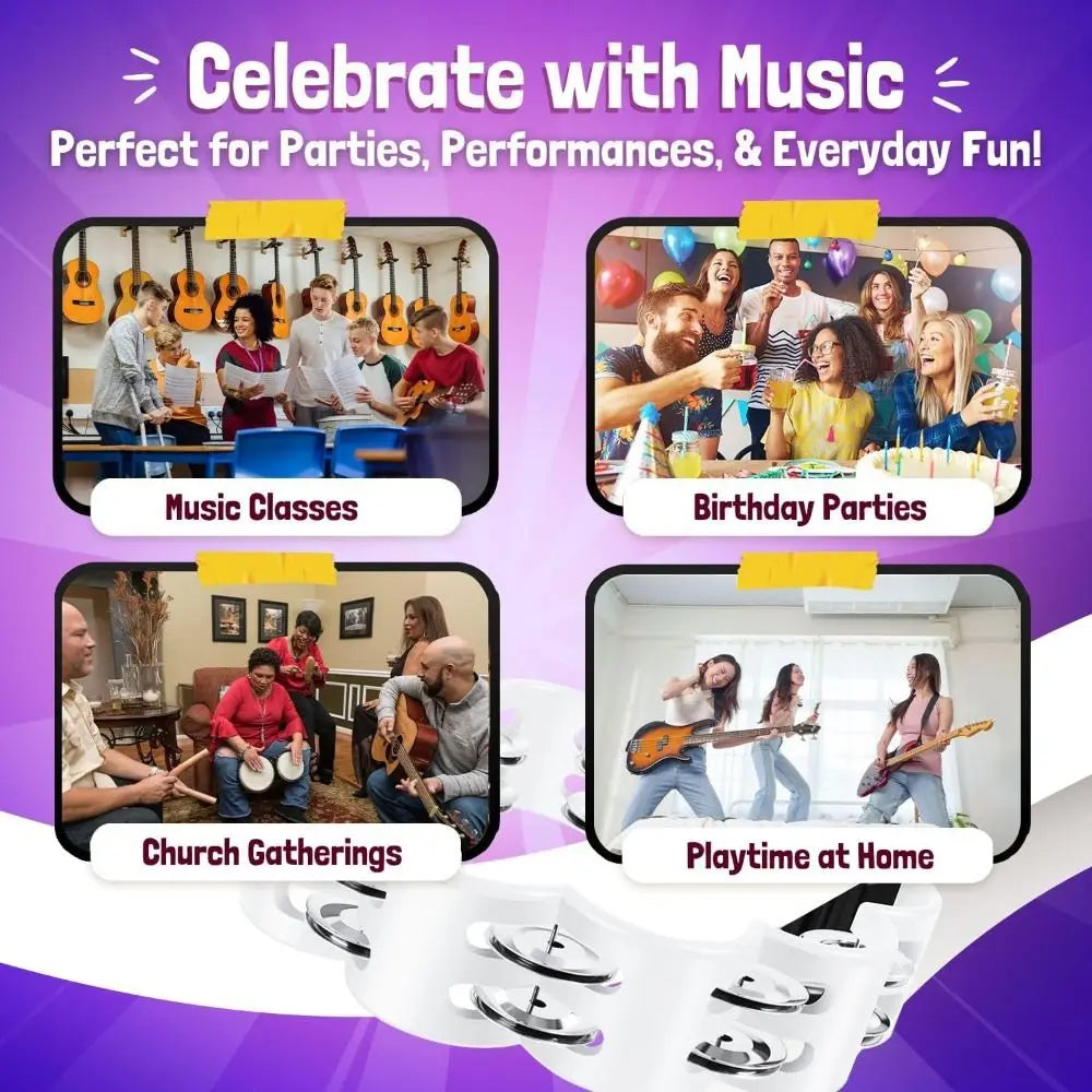 A collection of musical activities including classes, parties, church gatherings, and playtime at home.
