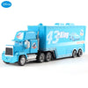 Blue Pixar Cars die-cast toy hauler truck with racing theme