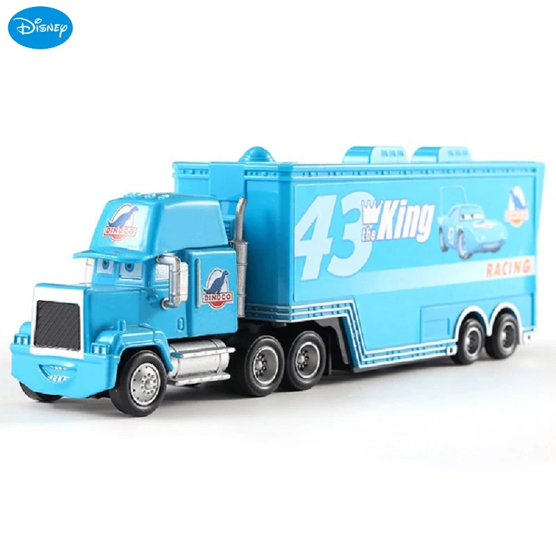 Blue Pixar Cars die-cast toy hauler truck with racing theme