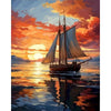 A painting of a sailboat silhouetted against a vibrant orange and yellow sunset over the water.
