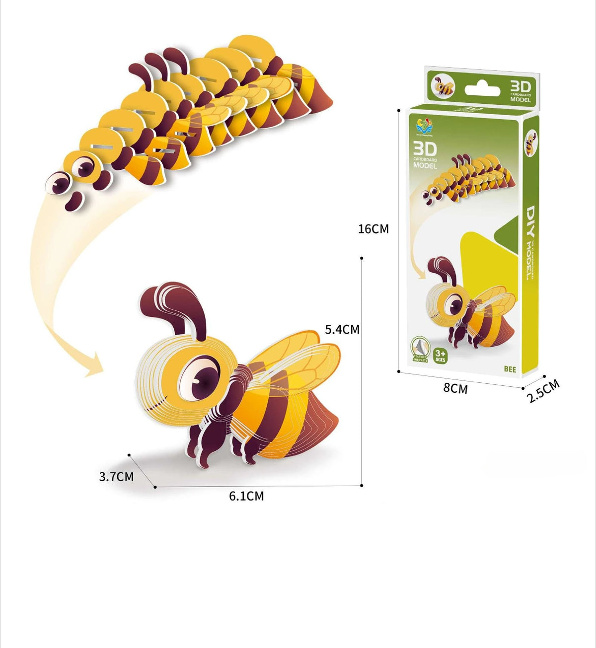 A yellow and brown 3D paper animal puzzle set shaped like a bee, displayed next to its packaging.