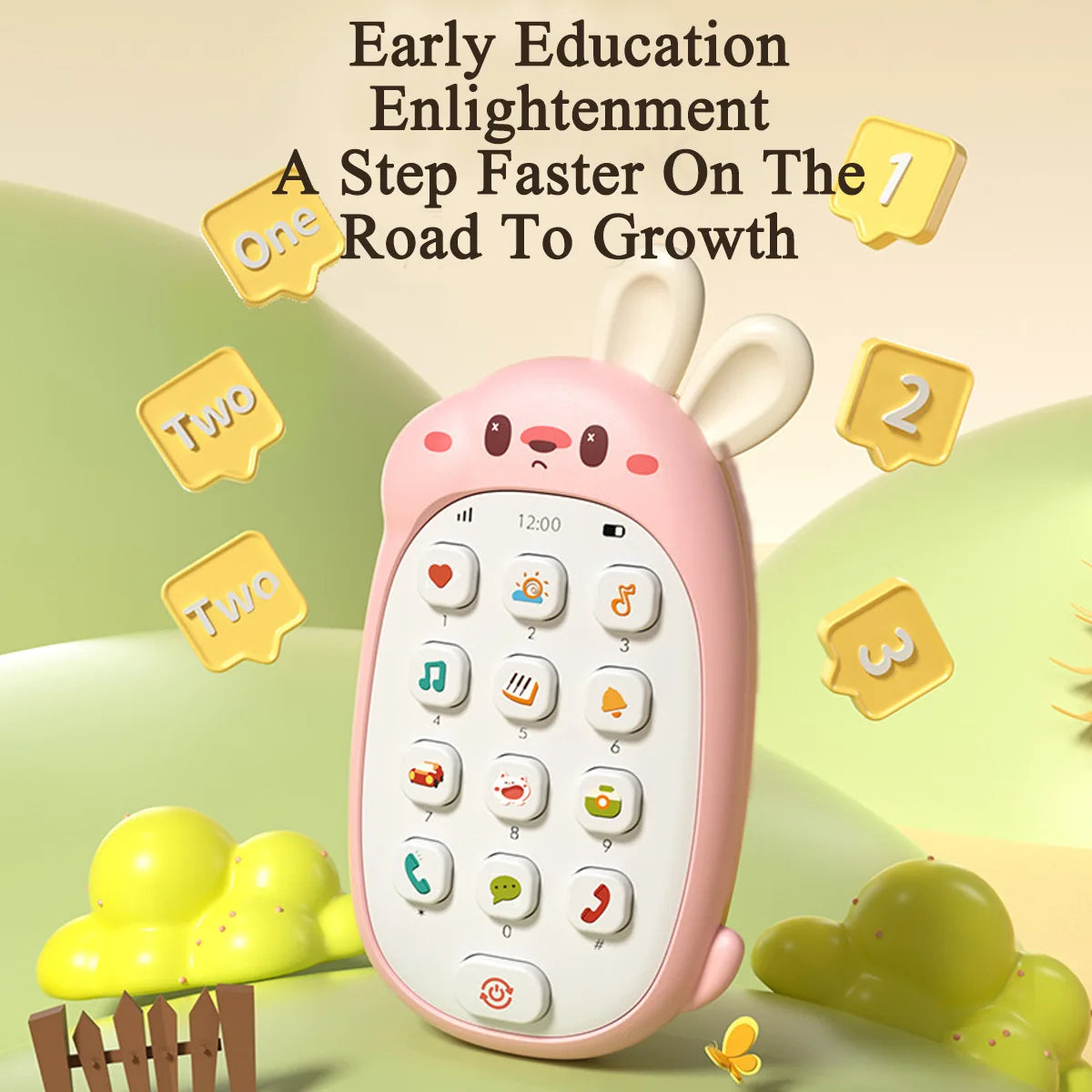 A pink rabbit-shaped toy phone for early education and enlightenment, surrounded by numbered learning steps.