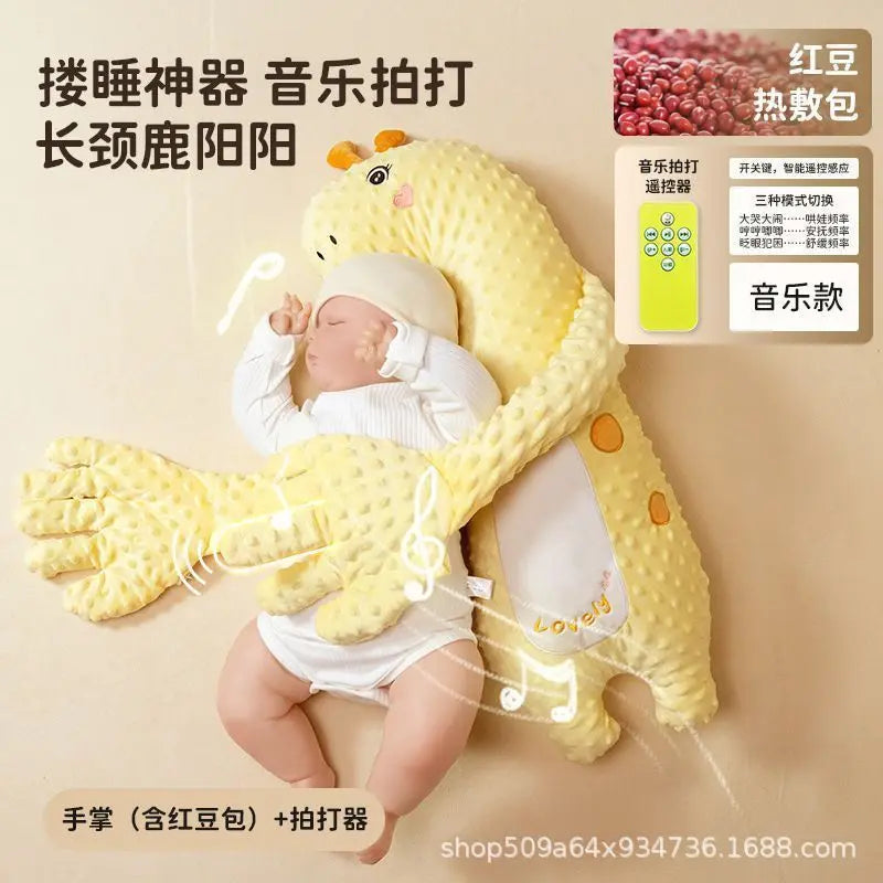 A yellow unicorn plush toy designed as a soothing pillow for babies, featuring a soft texture and sound-making features.