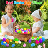 A collection of colorful squishy fidget toys and egg fillers scattered on green grass with two young children.
