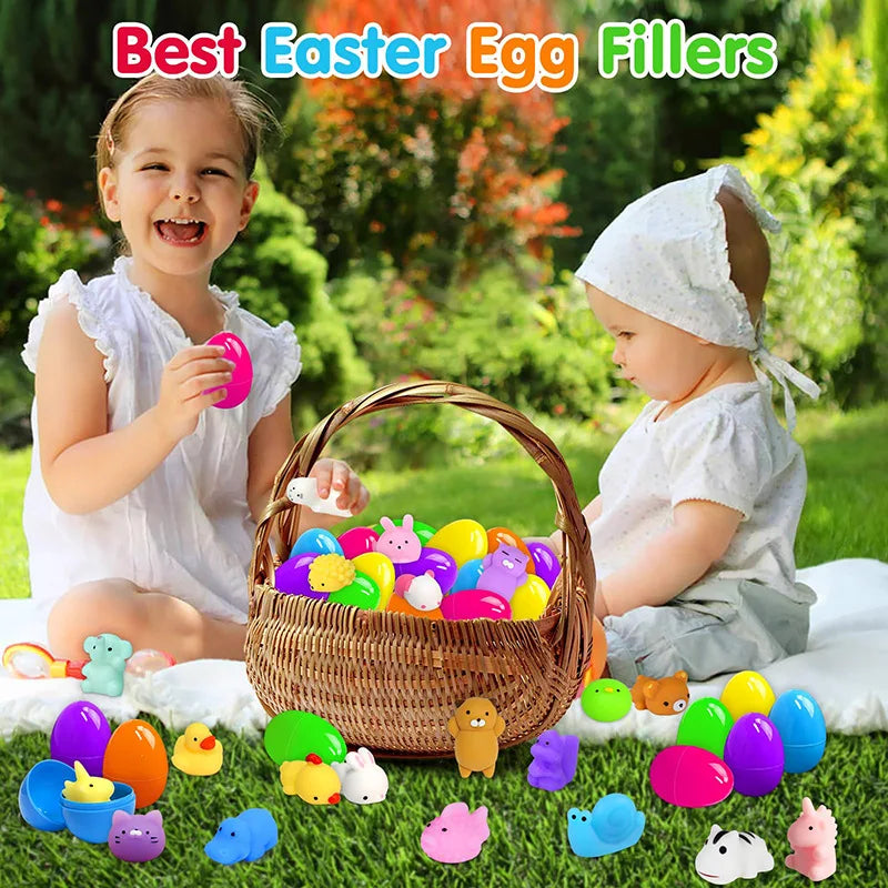 A collection of colorful squishy fidget toys and egg fillers scattered on green grass with two young children.