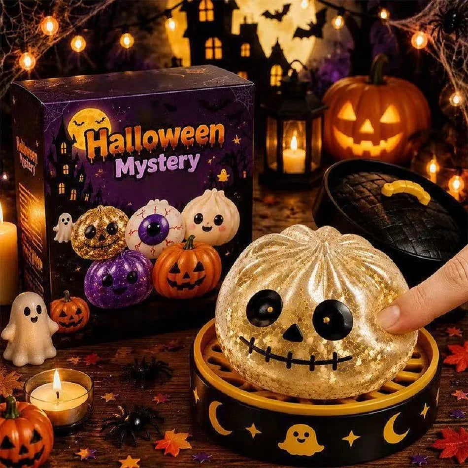A golden pumpkin-shaped squishy stress relief toy is held in a wooden tray surrounded by Halloween decorations.