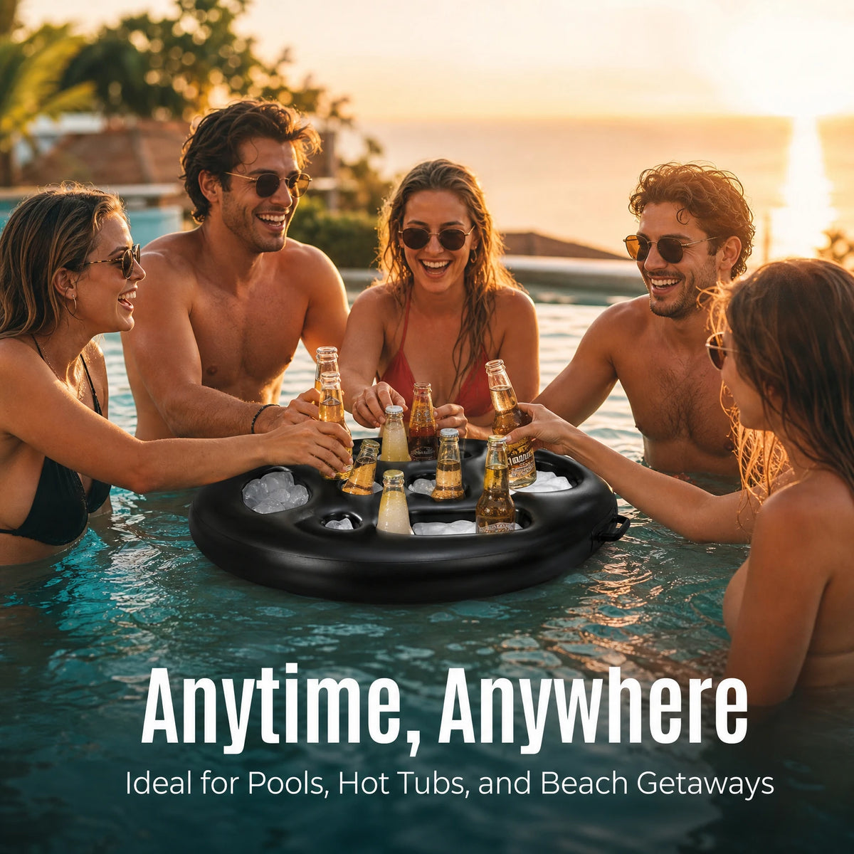 Five friends enjoying drinks in a floating pool bar with cup holders on a clear blue water surface.