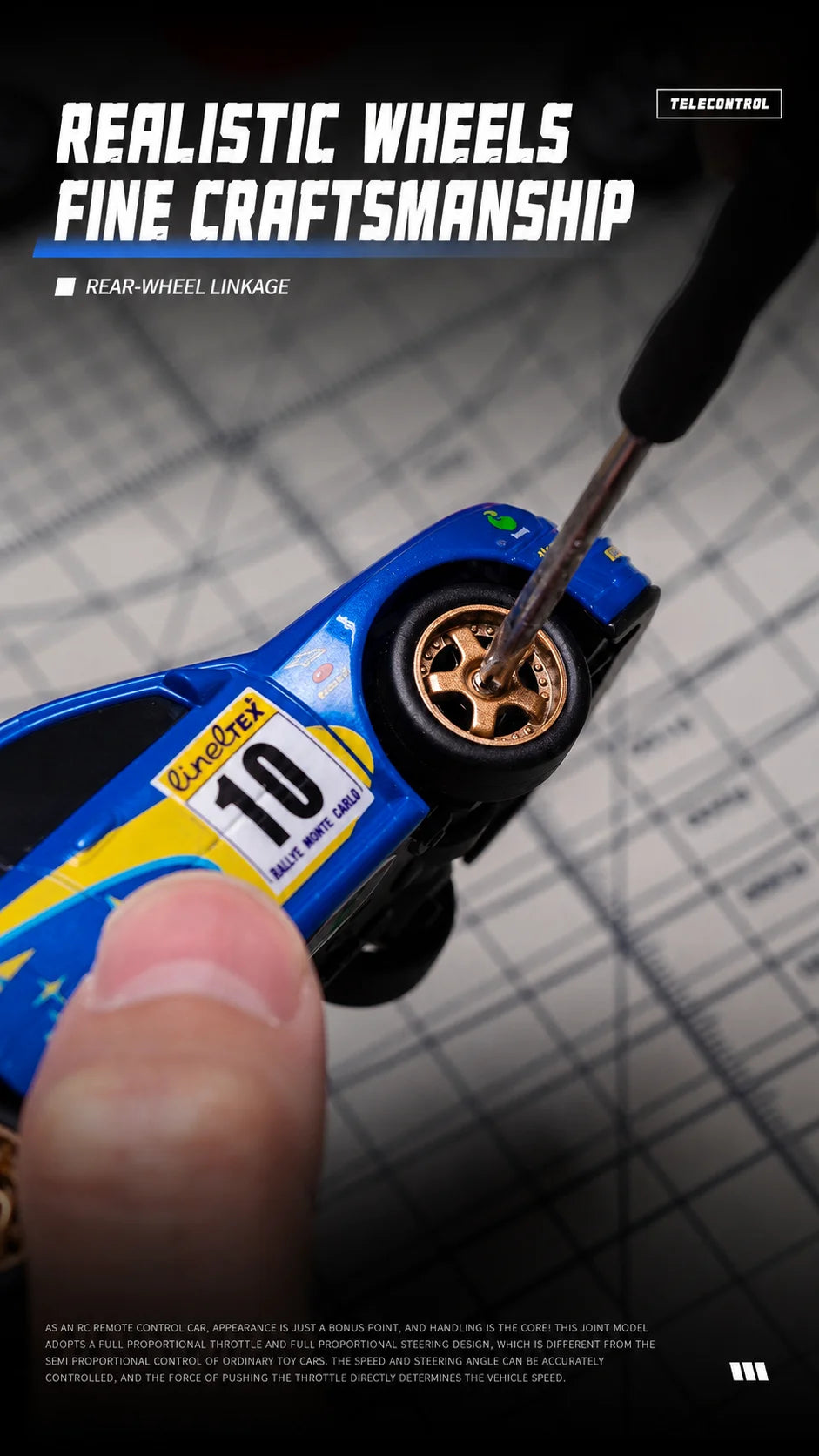 A close-up of a blue RC drift car model with gold wheels and a finger holding the throttle mechanism.