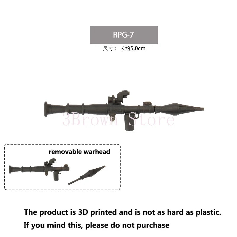 A black RPG-7 model kit with a removable warhead and helmet accessory.