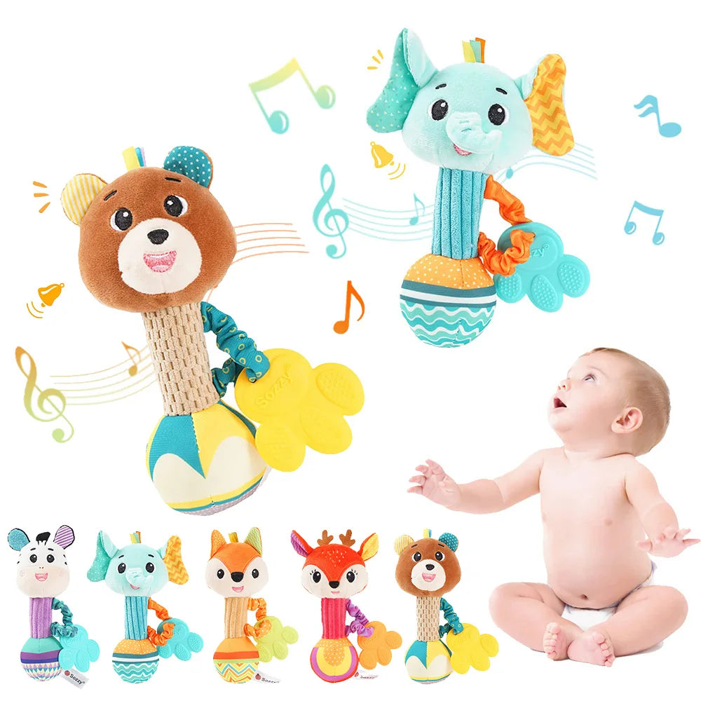 A set of soft plush baby rattle toys featuring various animals like a bear, elephant, and fox, with crinkle and squeak sounds