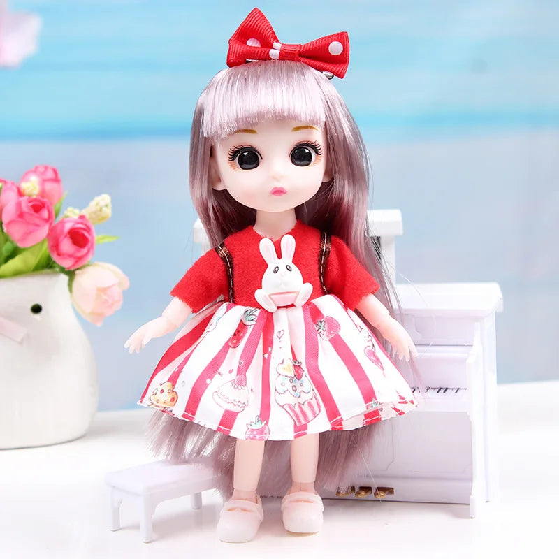 A 17cm articulated princess doll with long purple hair and a red dress featuring white rabbit motifs.