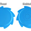 Front and behind views of a blue silicone splash flying ring water play toy