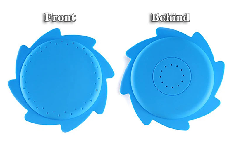 Front and behind views of a blue silicone splash flying ring water play toy