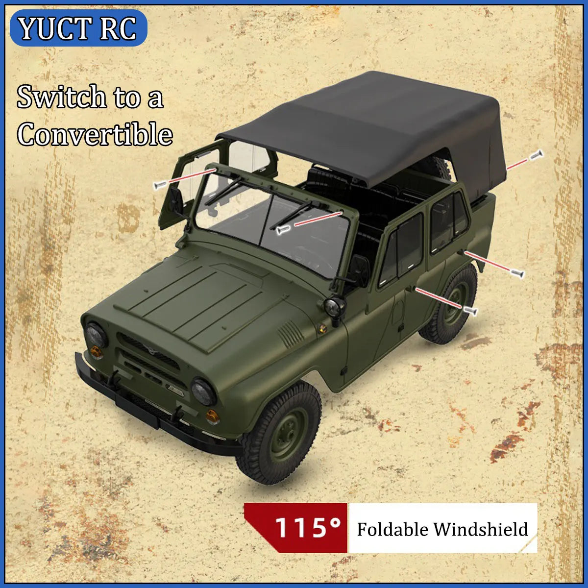 A dark green 1/12 scale RC rock crawler truck with a convertible top and foldable windshield.
