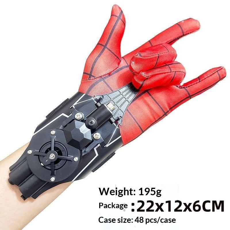 A red and black costume glove with a mechanical launcher mechanism is shown on a hand.