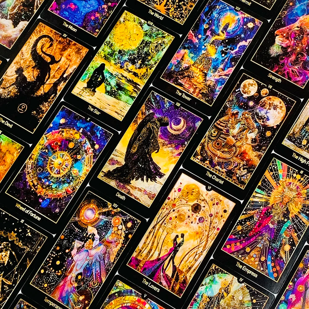 A collection of illuminated tarot cards featuring various mystical figures, symbols, and celestial scenes.