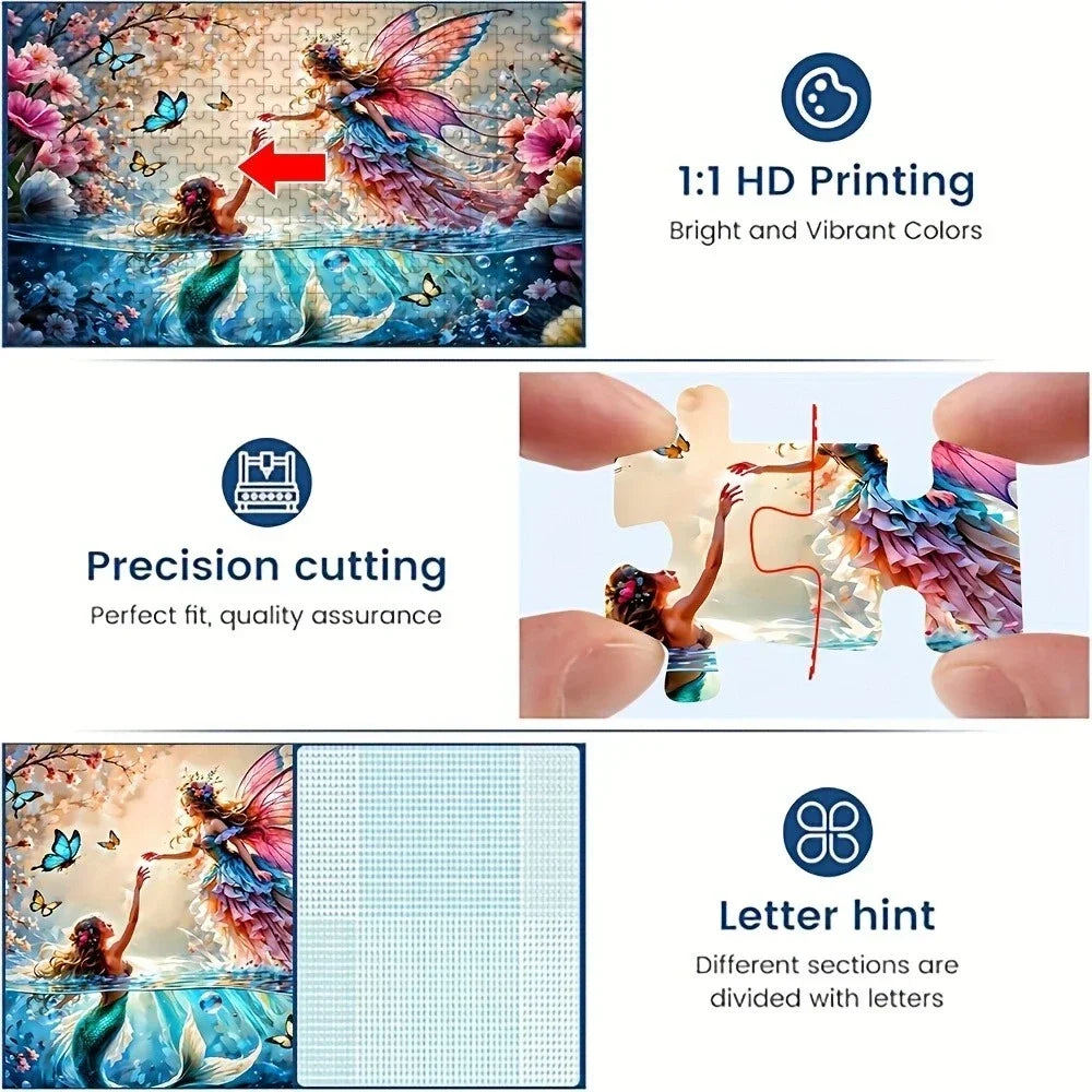 A set of jigsaw puzzles and a letter hint demonstrating precision cutting and 1:1 HD printing for decorative cards.