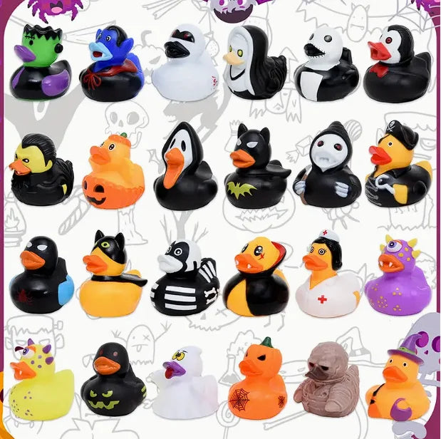 A collection of rubber ducks shaped like Halloween pumpkins in various colors and sizes.