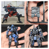 Close-up photos of a 1/18 scale FENRIR A6 Assault Type Mecha model kit in dark red and blue colors.