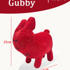 A red plush rabbit stuffed toy, approximately 25cm tall, is shown against a dark red background.