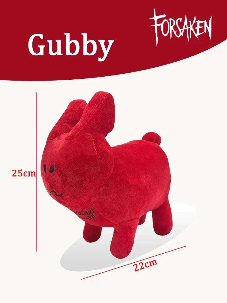 A red plush rabbit stuffed toy, approximately 25cm tall, is shown against a dark red background.