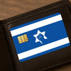 A black leather wallet features a blue and white flag design with a gold star emblem.