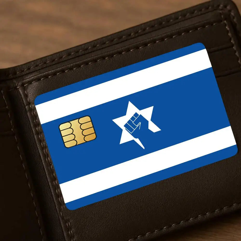 A black leather wallet features a blue and white flag design with a gold star emblem.