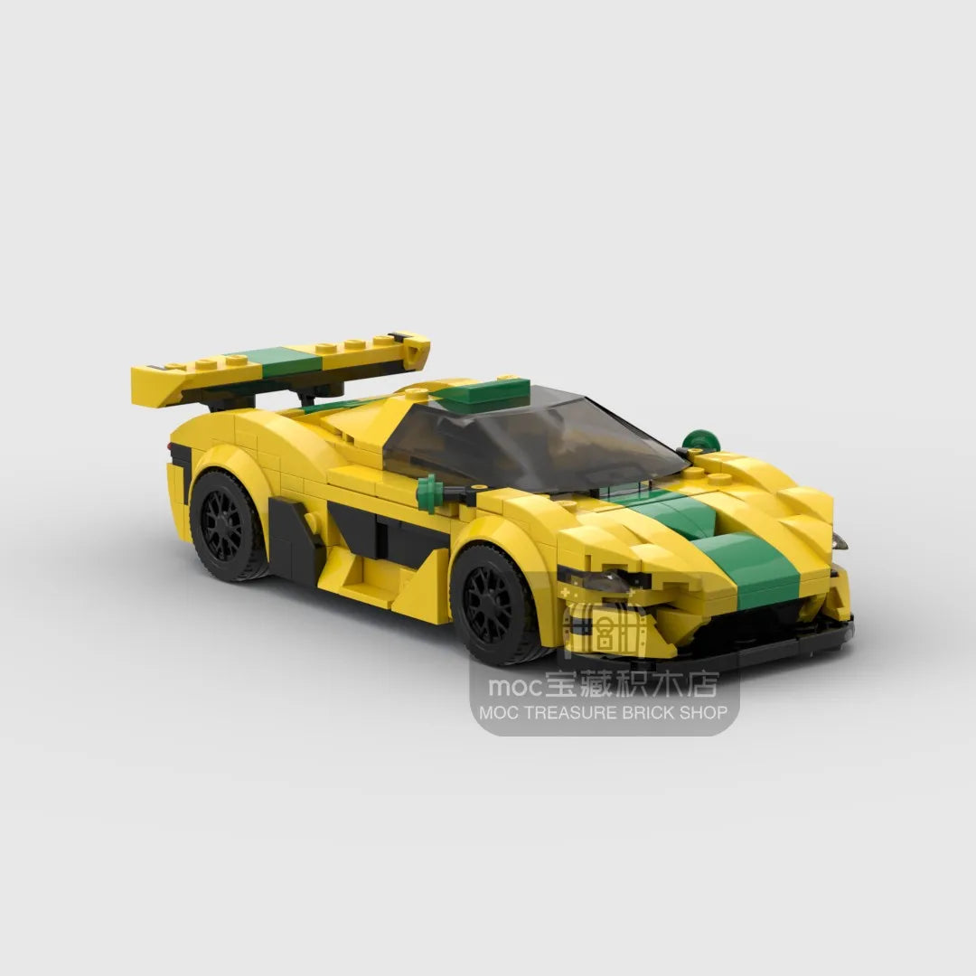 A yellow and green classic supercar model built from building blocks.