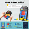 A black electronic sliding puzzle with an LED screen and various colored blocks, showing different layout methods.