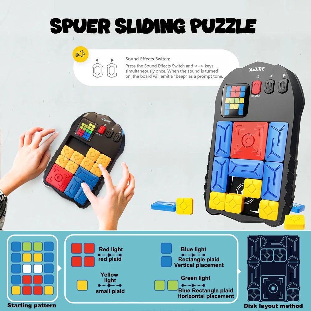 A black electronic sliding puzzle with an LED screen and various colored blocks, showing different layout methods.