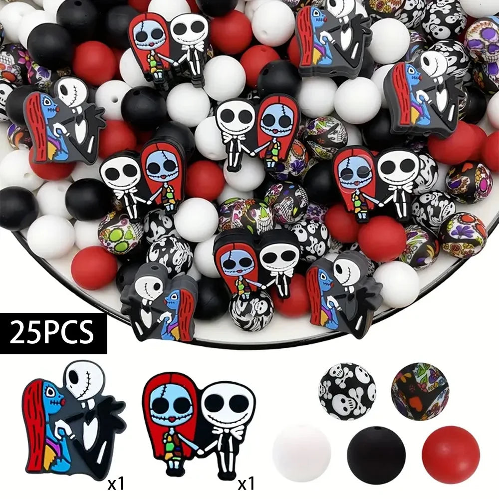 A set of 25 silicone beads in various Halloween-themed designs for jewelry and crafting.