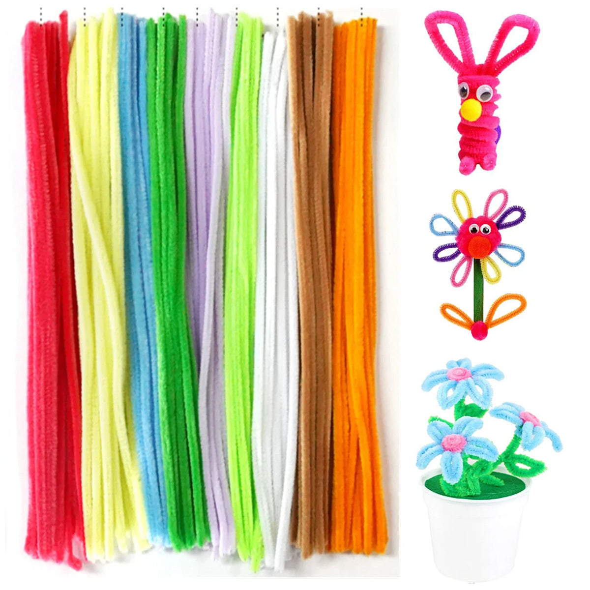 A collection of colorful chenille stem craft sticks in various shades including red, yellow, blue, green, purple, and orange.