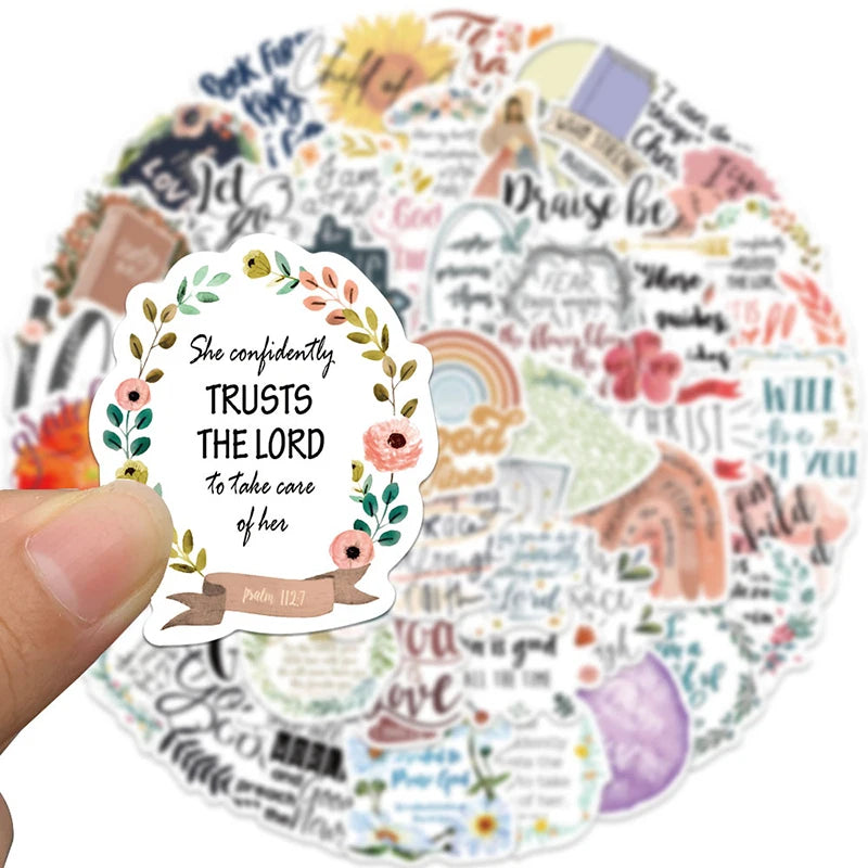 A collection of aesthetic Jesus Bible stickers featuring various scriptures and inspirational phrases.
