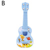 A light blue mini ukulele toy for kids with an adjustable tuning mechanism and colorful decorations.
