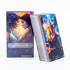 A box of the Divine Celestial Tarot card deck featuring an illustration of two women and a magical figure.