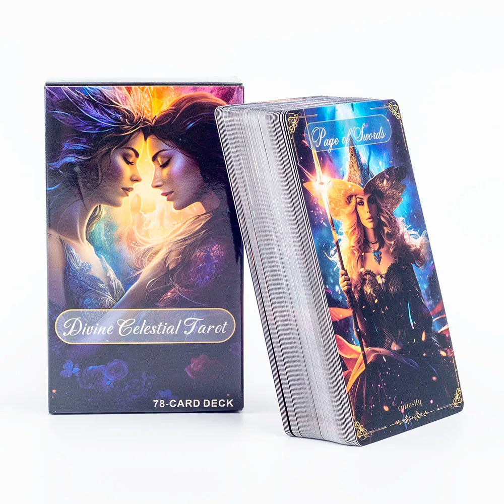 A box of the Divine Celestial Tarot card deck featuring an illustration of two women and a magical figure.