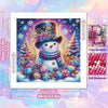 A diamond painting kit featuring a snowman surrounded by festive Christmas trees and sparkling elements.