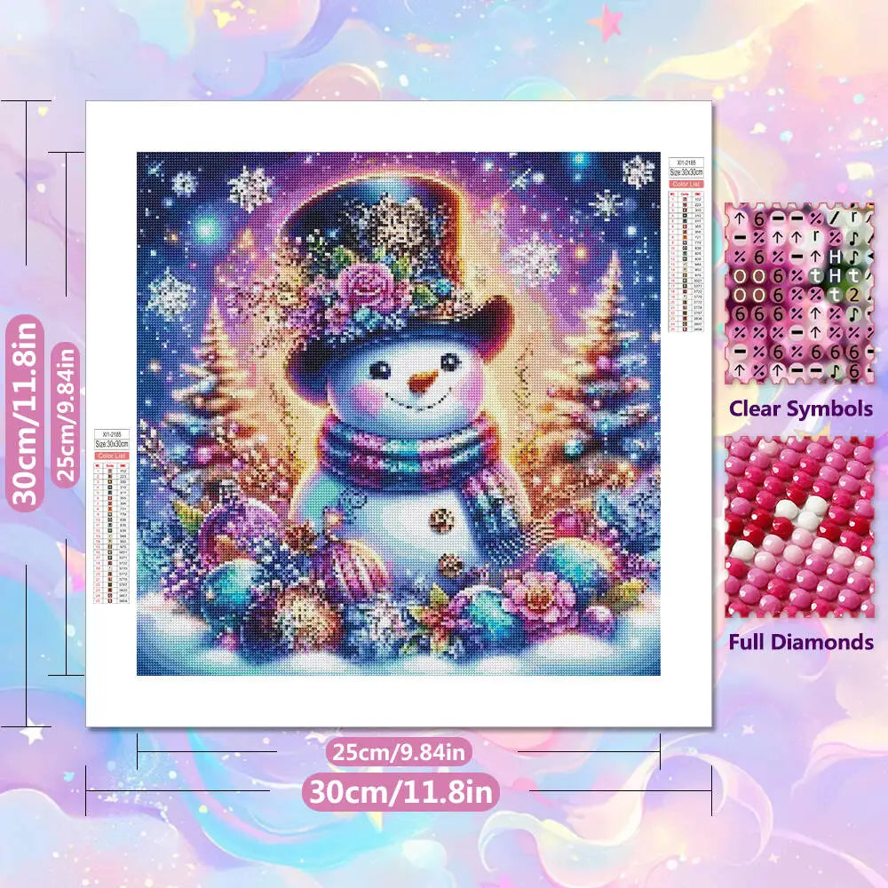 A diamond painting kit featuring a snowman surrounded by festive Christmas trees and sparkling elements.