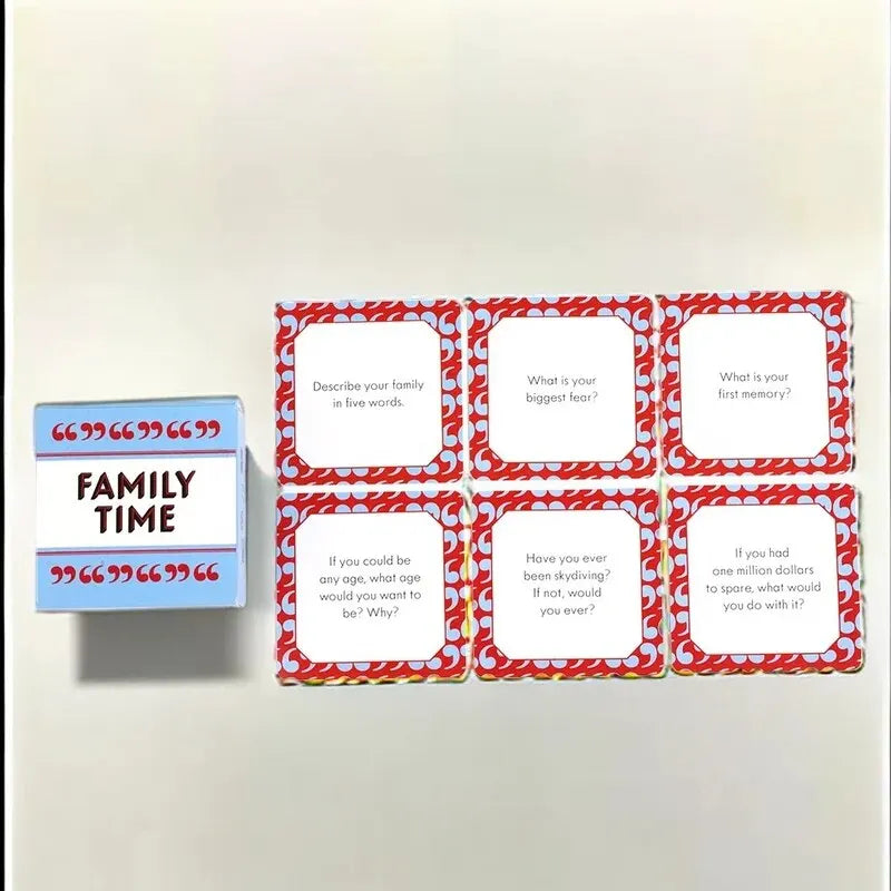 A set of ten square cards with red borders and white text prompts for family conversation starters