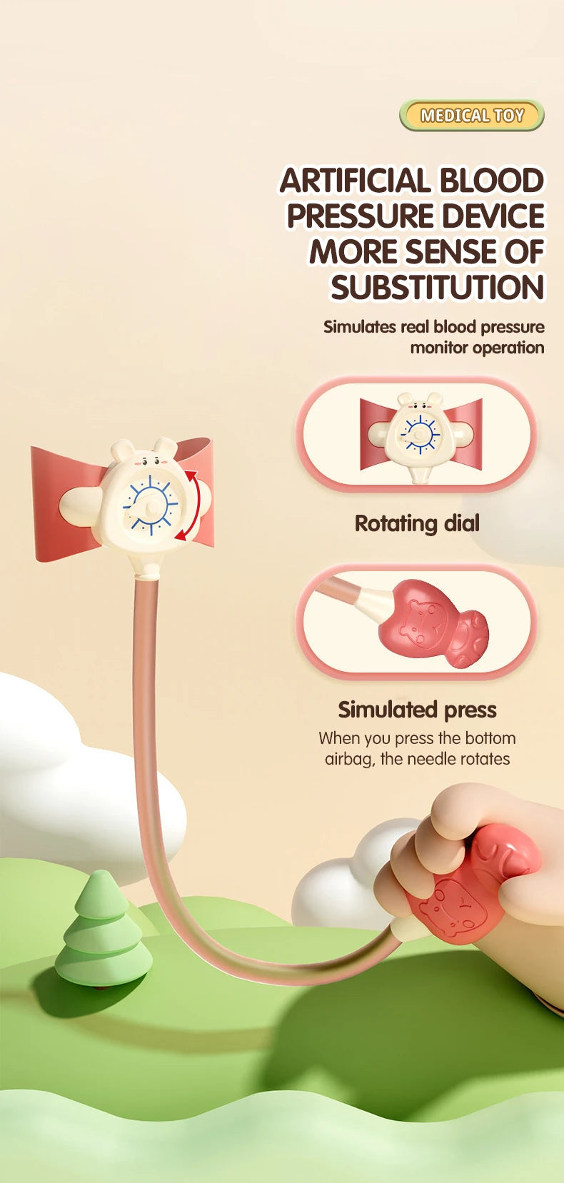 A pink artificial blood pressure device with a rotating dial and simulated press is shown on a medical toy kit.