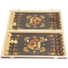 A wooden folding game board set featuring chess and checkers pieces on a dark surface with gold accents.