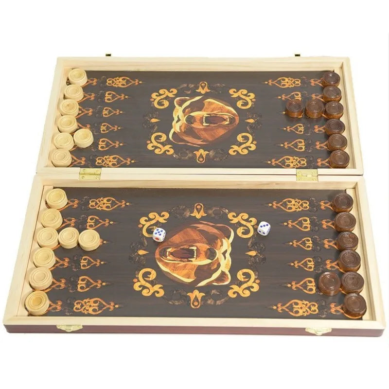 A wooden folding game board set featuring chess and checkers pieces on a dark surface with gold accents.