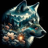 A majestic wolf's face surrounded by glowing flowers and a moon in a dark, mystical forest setting.