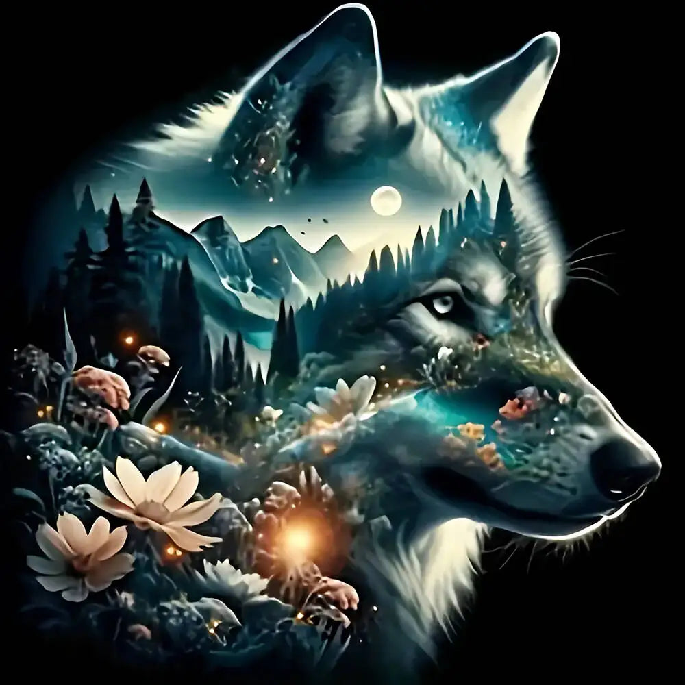 A majestic wolf's face surrounded by glowing flowers and a moon in a dark, mystical forest setting.